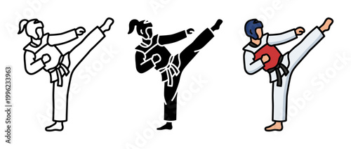 Taekwondo fighter character icon set with high kick pose in outline, solid and color styles, white background