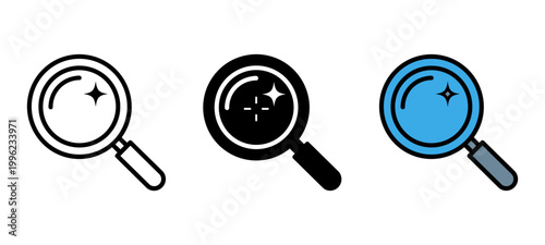 Search and magnifying glass icon set with sparkles outline, solid and color styles, white background