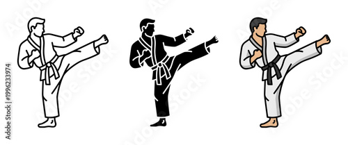 Martial arts character icon set with karate fighter kicking in outline, solid and color styles, white background