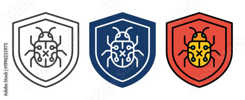 Cyber security icon set featuring bug on shield in outline, solid and color styles, white background