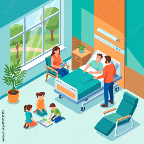 This heartfelt illustration captures a family visiting their loved one in a hospital, showcasing care, healing, emotional support, and the importance of familial bonds during tough times.