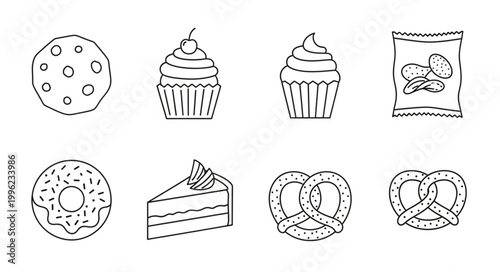 Collection of Hand Drawn Sweet Treats and Snacks.