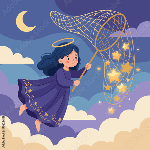 This whimsical illustration captures a child joyfully catching stars, representing dreams and hopes while evoking a sense of wonder and imagination in a magical sky.