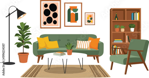 Modern living room interior with sofa, armchair, bookshelf, plants and decor in cozy flat cartoon vector illustration style