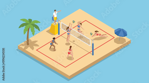 This vibrant image captures a lively beach volleyball game with players diving, spiking, and enjoying the summer sun, showcasing sport, teamwork, and camaraderie.