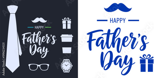 Fathers day design elements with tie and blue mustache graphics.