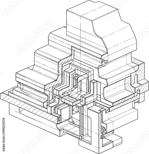 Detailed Mechanical Part Illustration in Technical Line Art for Engineering, Manufacturing, and CAD Design Projects