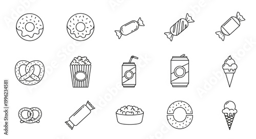 Collection of sweet and savory snack icons in a simple line art style.