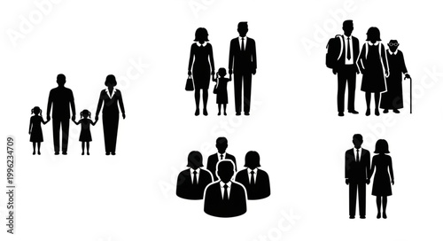 Diverse family groups and business people silhouettes collection.