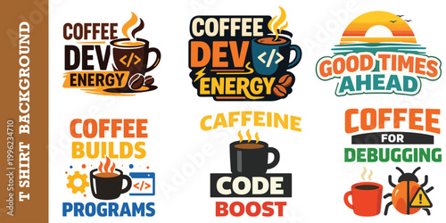Coffee and programming t shirt design set with code boost and caffeine energy typography.
