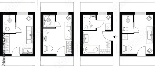 Set of Bathroom Floor Plan Illustrations Featuring Different Layouts for Architecture, Interior Design, and Home Planning Projects