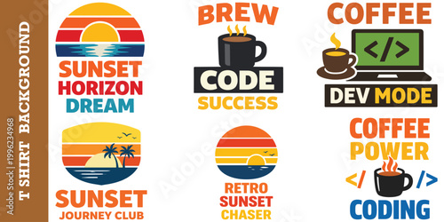 Sunset horizon dream and coffee dev mode retro t shirt graphic design collection vector.