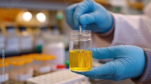 Laboratory researcher in nitrile gloves carefully extracting venom from a sedated timber rattlesnake over a sterile collection vial, overhead white light, biohazard labels visible