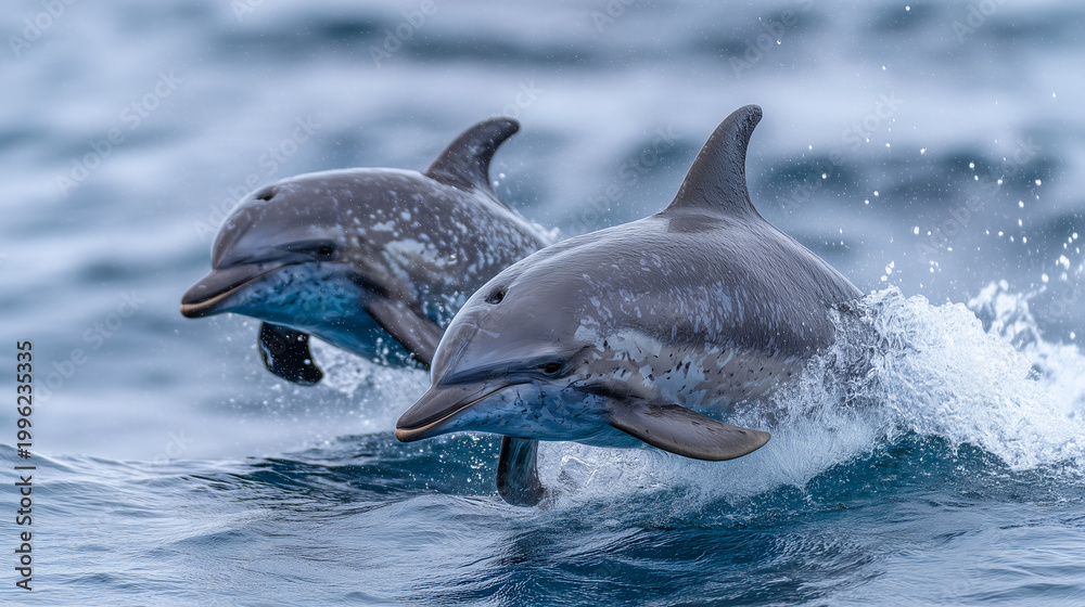 Obraz premium Mother dolphin and calf surfacing together in synchronized motion in open blue water, droplets suspended mid-air, soft overcast light giving flat even tones across the scene, perfe