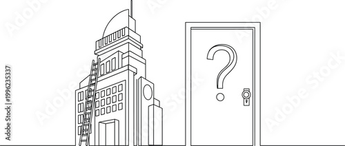 Building with Ladder and Question Mark Door Illustration for Mystery, Architecture, and Conceptual Design Projects