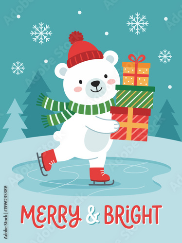 A cute polar bear wearing a red hat and green scarf joyfully skates on ice while carrying bright holiday presents, capturing the festive spirit of winter and celebration.