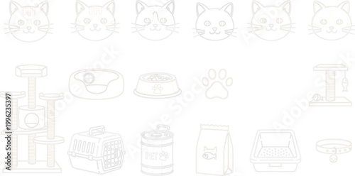 Cute Cat Face and Pet Care Icon Set with Food Bowl, Carrier, Litter Box, and Scratching Post for Animal Designs