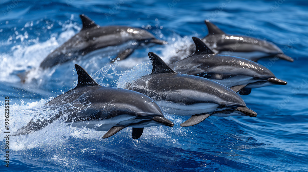 Fototapeta premium Spinner dolphin pod leaping in synchrony above the surface of a deep blue open ocean at midday, light catching the white belly of each animal mid-spin, small waves below them, perf
