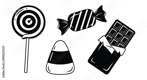 Black and white candies including a lollipop chocolate and a cone silhouette