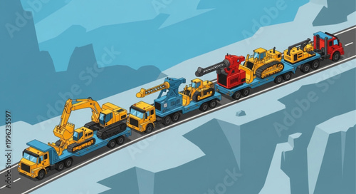 Construction vehicles transport on a road illustration.