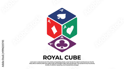 This artistic image features a vibrant 3D cube with playing card symbols, representing luck and strategy, ideal for board games, gambling concepts, and creative projects.