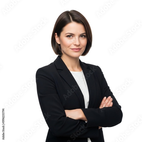 Professional woman in black blazer standing with arms crossed isolated on white background