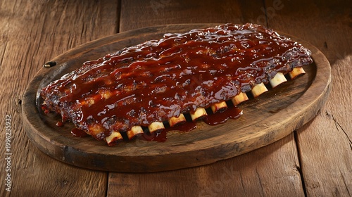 Glazed BBQ Ribs on Wooden Cutting Board, Sticky Sweet Sauce, Rustic Wood Texture, Delicious Food Presentation