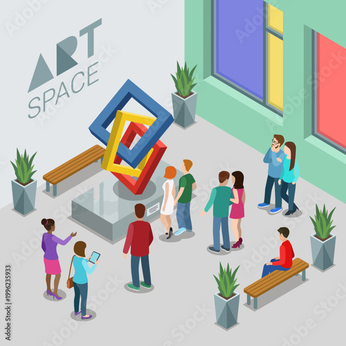 A lively scene in an art space featuring a group of people admiring a colorful geometric sculpture, representing the intersection of art and social interaction in a modern setting.