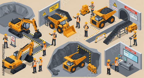 Construction workers and heavy machinery in a mine site illustration.