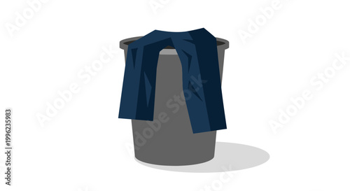 Blue formal trousers discarded in a grey office trash can on white background