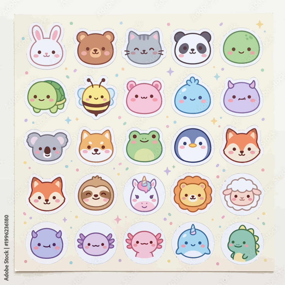Obraz premium A collection of adorable pastel-colored kawaii animal and character faces designed in a simple and playful sticker style.