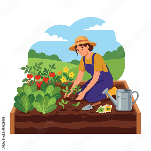 A dedicated gardener plants vegetables and flowers in a lush garden bed, showcasing the joy and satisfaction of growing fresh produce in a vibrant outdoor environment.