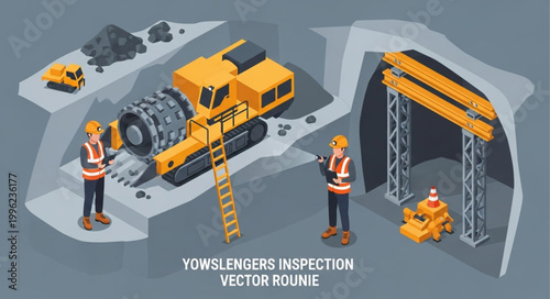 Construction workers inspect heavy machinery in a mine tunnel.