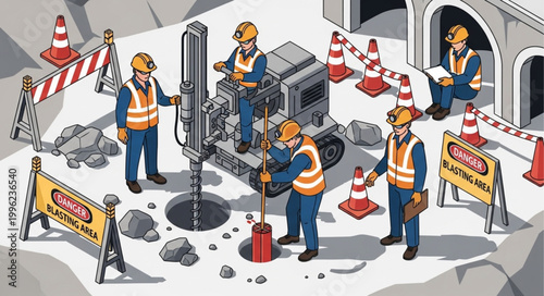 Construction workers operating heavy machinery at a building site.