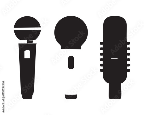 Graphic silhouette collection of professional handheld and condenser microphones on white background.