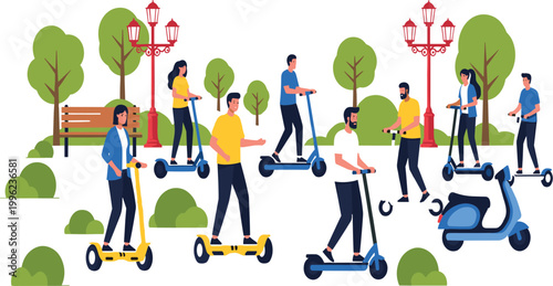People riding electric scooters in city park with trees and urban lifestyle scenes in modern flat cartoon vector illustration style