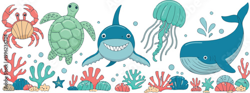 Set of flat vector marine animals cute ocean creatures including shark crab jellyfish turtle seahorse starfish coral illustration