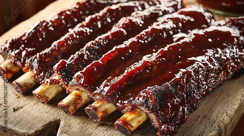 Close-Up of Sticky BBQ Ribs with Sweet Glaze, Bone Structure Visible, Rustic Wooden Surface, Food Photography