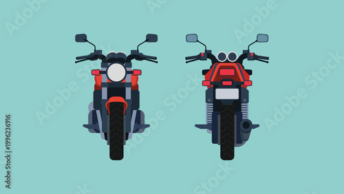 Standard motorcycle in front and rear view, modern street motorbike, naked bike for urban transport, commuting, and mobility concept, flat vector illustration