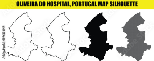 Set of four distinct artistic graphic representations of oliveira do hospital municipality map boundary silhouette in portugal.