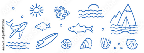 Hand-drawn doodle summer vector icon set with naive ocean life seaside elements:whale,fish,coral,waves,sun,mountains,sailboat,shells,seaweed,surfboard.Retro tropical beach icons for collages,vignettes
