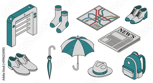 Isometric collection of winter clothing and home heating equipment icons