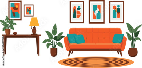 Modern living room interior with orange sofa, plants, wall art and furniture in stylish flat cartoon vector illustration style