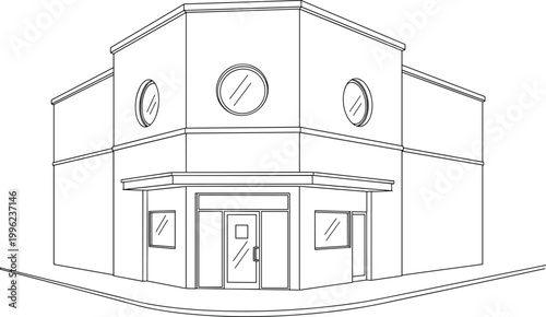 Modern Commercial Building Illustration with Circular Windows and Entrance for Architecture, Real Estate, and Urban Design Concepts