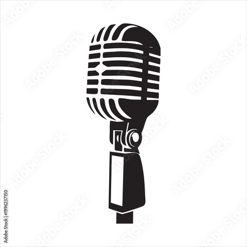 Classic vintage chrome style studio microphone illustration isolated on white for retro music theme.