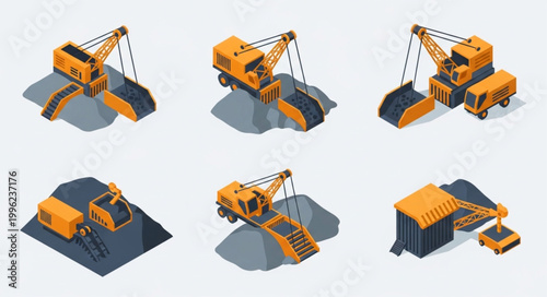 Construction Excavator Machines Working on Mining Sites Isometric Set.