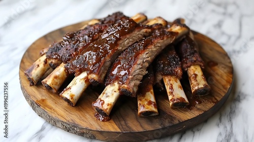 Sticky BBQ Ribs on Round Wooden Platter, Glazed Meat, Food Still Life Photography