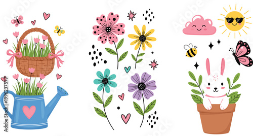 Cute Spring Garden Collection with Flowers, Bunny, Watering Can, Basket, Butterfly, and Sunny Nature Elements for Kids and Floral Illustration