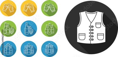 Safety Vest and Beverage Icon Vector Set with Bottles, Beer Glasses and Protective Clothing Symbol for Industry, Workplace and Warning Design