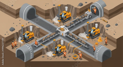 Construction of underground tunnels with heavy machinery and workers.